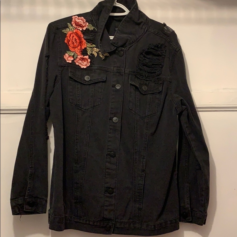 Black Distressed Denim Jacket with Rose Patches